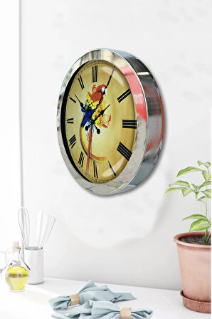 Hediyelik 36 Cm Krom Metal Papağan Duvar Saati