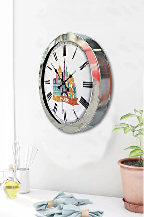 36 Cm Krom Metal Paris Temalı Duvar Saati