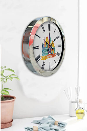 36 Cm Krom Metal Paris Temalı Duvar Saati