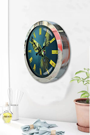 Hediyelik 36 Cm Krom Metal Papağan Duvar Saati