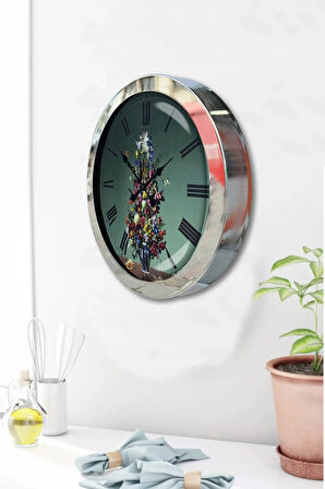36 Cm Krom Metal Vazolu Çiçek Duvar Saati