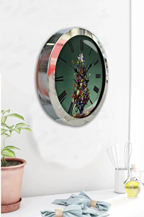 36 Cm Krom Metal Vazolu Çiçek Duvar Saati