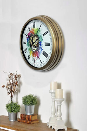 Aslan Motifli Metal Eskitme Duvar Saati 40 cm