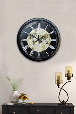 40 Cm Siyah Metal World Maps Duvar Saati