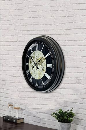 40 Cm Siyah Metal World Maps Duvar Saati