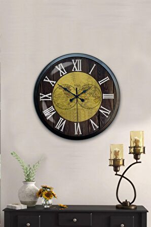 40 Cm Siyah Metal World Maps Duvar Saati