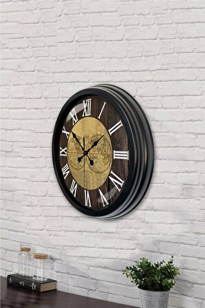 40 Cm Siyah Metal World Maps Duvar Saati