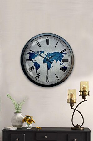 40 Cm Siyah Metal World Duvar Saati