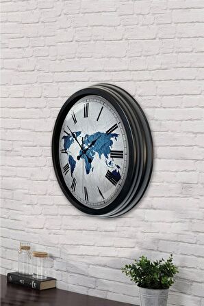 40 Cm Siyah Metal World Duvar Saati