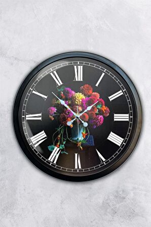 40 Cm Siyah Metal Vazolu Çiçek Duvar Saati