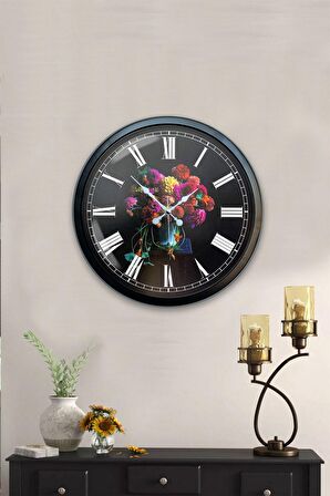 40 Cm Siyah Metal Vazolu Çiçek Duvar Saati