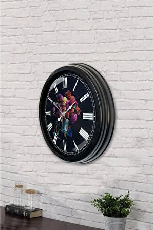 40 Cm Siyah Metal Vazolu Çiçek Duvar Saati