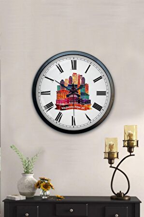 40 Cm Siyah Metal Washington Temalı Duvar Saati