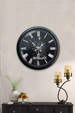 40 Cm Siyah Metal Vazolu Çiçek Duvar Saati