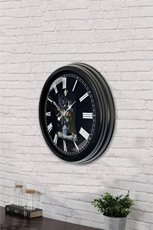 40 Cm Siyah Metal Vazolu Çiçek Duvar Saati