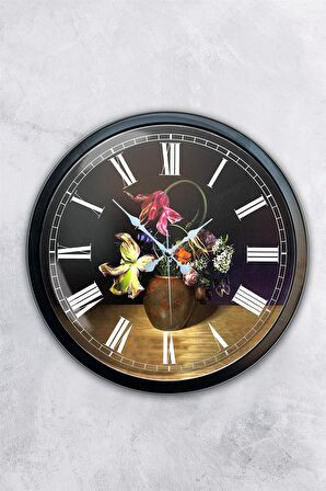 40 Cm Siyah Metal Vazolu Çiçek Duvar Saati