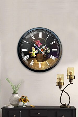 40 Cm Siyah Metal Vazolu Çiçek Duvar Saati