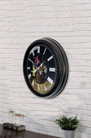 40 Cm Siyah Metal Vazolu Çiçek Duvar Saati