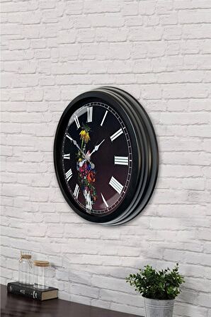 40 Cm Siyah Metal Vazolu Çiçek Duvar Saati