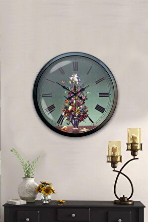 40 Cm Siyah Metal Vazolu Çiçek Duvar Saati