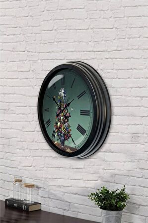40 Cm Siyah Metal Vazolu Çiçek Duvar Saati