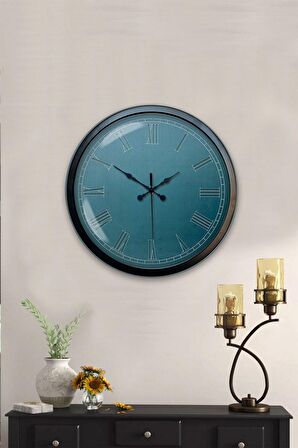 40 Cm Siyah Metal Turkuaz Duvar Saati
