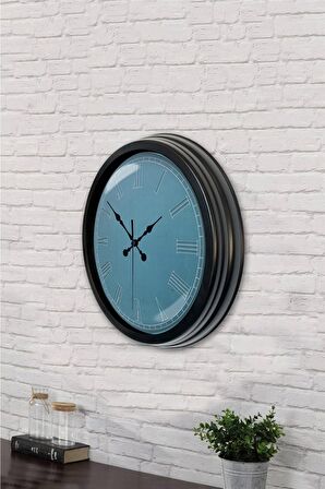 40 Cm Siyah Metal Turkuaz Duvar Saati