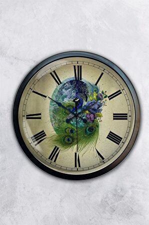 40 Cm Siyah Metal Tavuskuşu Duvar Saati