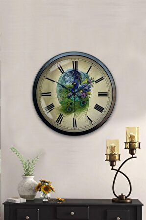 40 Cm Siyah Metal Tavuskuşu Duvar Saati