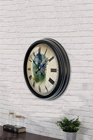 40 Cm Siyah Metal Tavuskuşu Duvar Saati