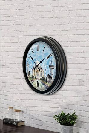 40 Cm Siyah Metal Taç Mahal Duvar Saati