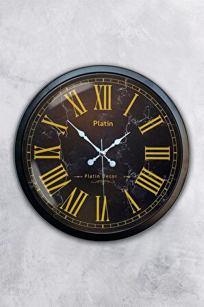 40 Cm Siyah Metal Sarı Roma Rakamlı Duvar Saati