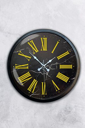 40 Cm Siyah Metal Sarı Roma Rakamlı Duvar Saati