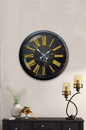 40 Cm Siyah Metal Sarı Roma Rakamlı Duvar Saati