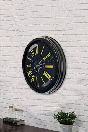 40 Cm Siyah Metal Sarı Roma Rakamlı Duvar Saati
