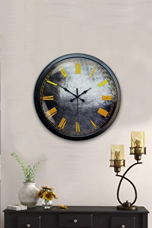 40 Cm Siyah Metal Sarı Rakamlı Duvar Saati