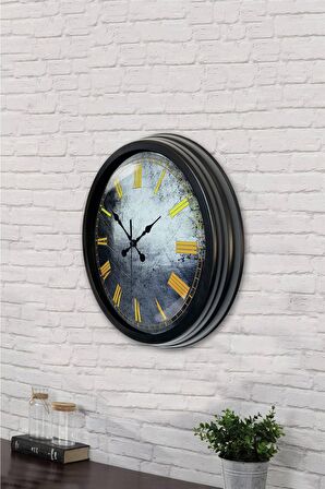40 Cm Siyah Metal Sarı Rakamlı Duvar Saati