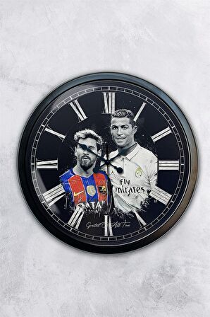 40 Cm Siyah Metal Ronaldo ve Messi Duvar Saati