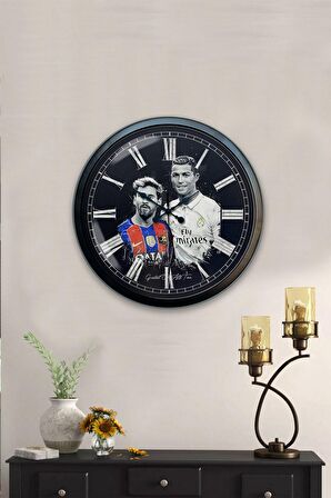 40 Cm Siyah Metal Ronaldo ve Messi Duvar Saati