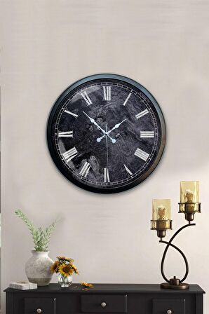 40 Cm Siyah Metal Roma Mermer Desenli Duvar Saati