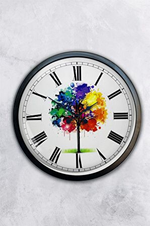 40 Cm Siyah Metal Renkli Ağaç Duvar Saati