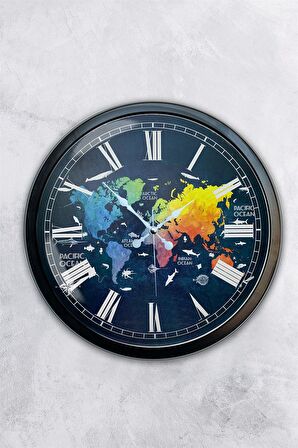 40 Cm Siyah Metal Renk Dünya Haritası Duvar Saati