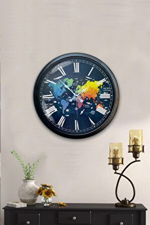 40 Cm Siyah Metal Renk Dünya Haritası Duvar Saati