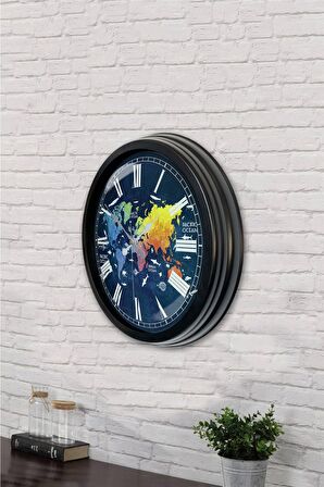 40 Cm Siyah Metal Renk Dünya Haritası Duvar Saati