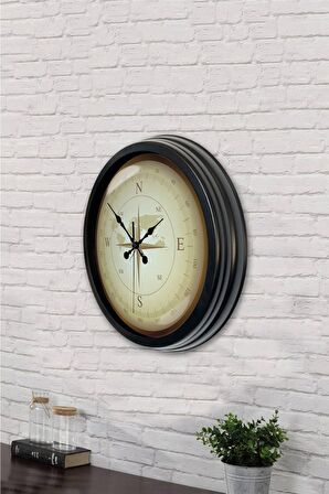 40 Cm Siyah Metal Pusula Duvar Saati