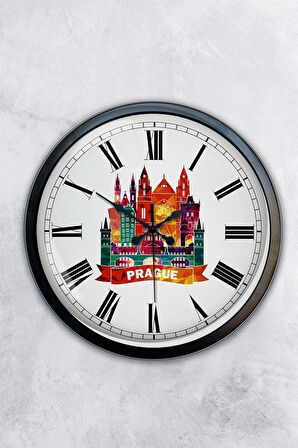 40 Cm Siyah Metal Prague Temalı Duvar Saati