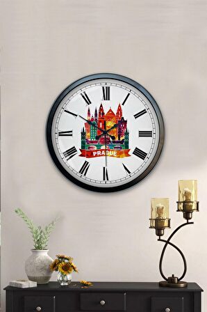 40 Cm Siyah Metal Prague Temalı Duvar Saati