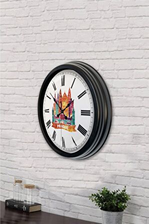 40 Cm Siyah Metal Prague Temalı Duvar Saati