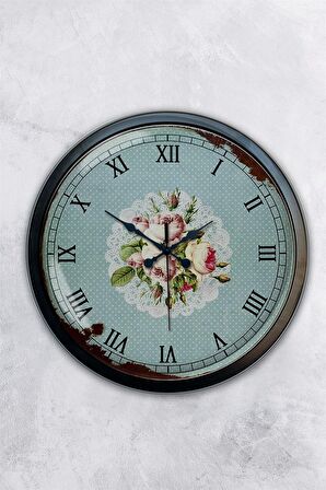 40 Cm Siyah Metal Pink Rose Duvar Saati