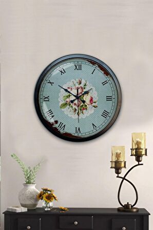 40 Cm Siyah Metal Pink Rose Duvar Saati